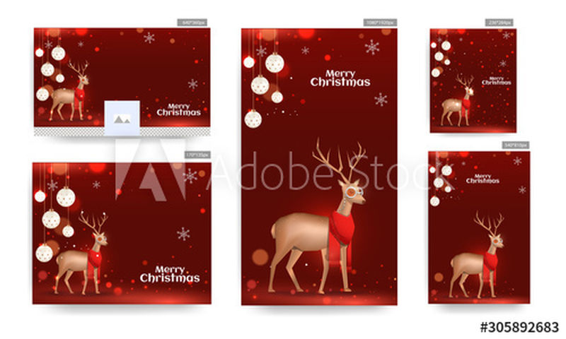 一套圣诞快乐庆祝海报和模板设计-金色驯鹿戴着围巾-红色博克效果背景上挂着饰品