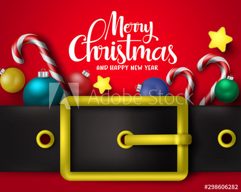 圣诞快乐问候与大带矢量背景设计-圣诞快乐圣诞排版文字与圣诞装饰元素糖果手杖-球-红色背景中有圣诞腰带的星星