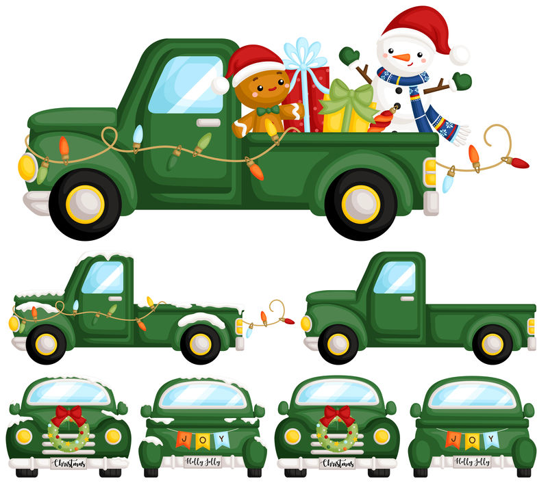 一组可爱的五颜六色的圣诞车-里面有很多圣诞人物和物品