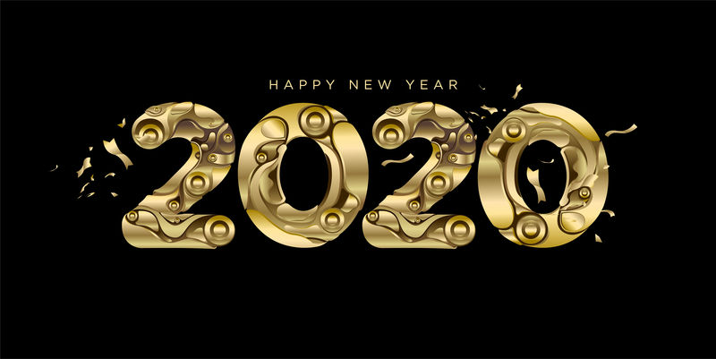 2020新年快乐-黑色背景-金色文字和五彩纸屑
