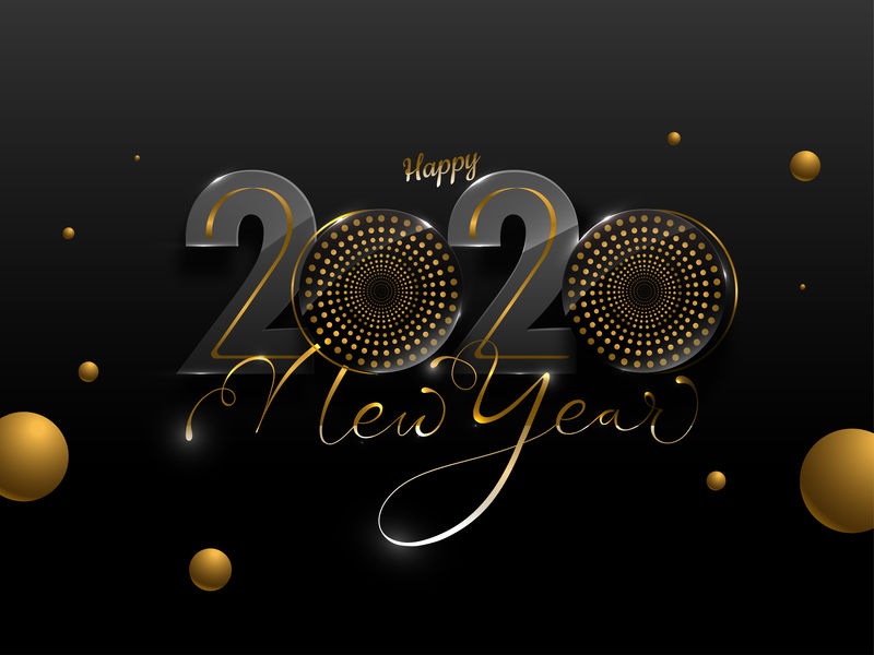 带低音喇叭和金色圆圈装饰的2020新年快乐短信