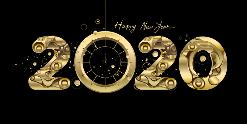 2020年新年快乐-新的一年闪亮的黑色背景-金色的时钟和闪闪发光的元素