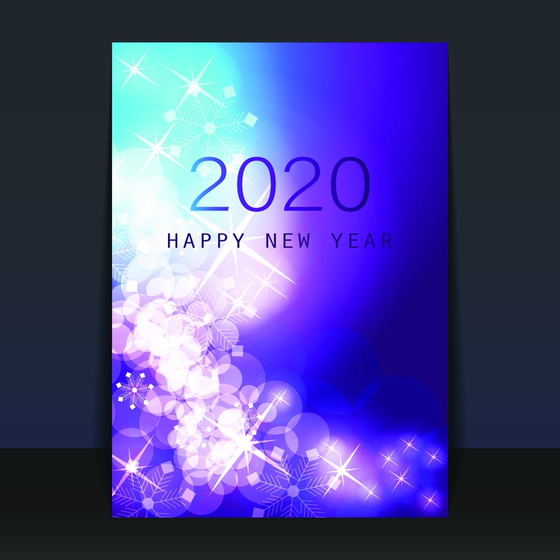 冰凉的蓝紫色图案闪烁的新年贺卡、传单或封面设计-2020