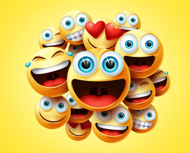 表情符号群向量设计-表情可爱的脸庞群以兴奋、欢笑、搞笑、开心、调皮的心情或符号为标志-以黄色为背景-矢量图解