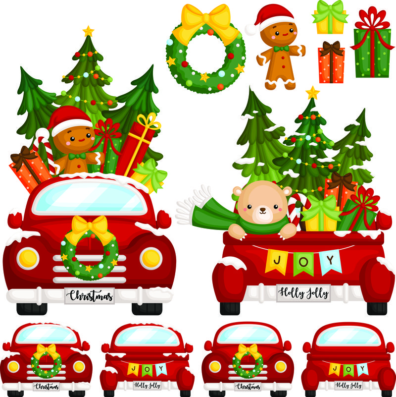 一个矢量集可爱的红色圣诞卡车从前面和后面很多圣诞装饰