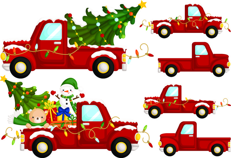 一组可爱的红色圣诞车-旁边有很多圣诞装饰