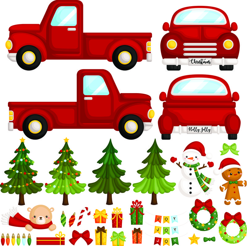 一组可爱的红色圣诞卡车和圣诞用品