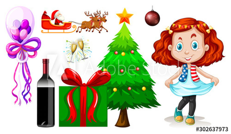 白色背景插图上的女孩和其他圣诞物品