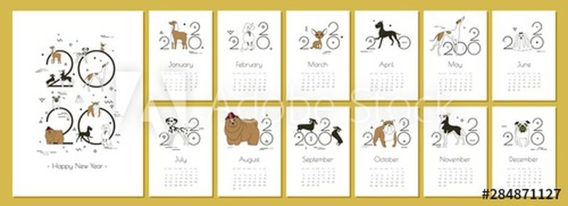每月创意日历2020与狗品种的狗饲养员和狗爱好者-概念-矢量可编辑模板-简约-孟菲斯风格-素描-绘画-单独的A4页-矢量图示