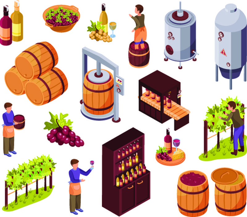 葡萄酒生产图标集与收获和餐厅符号等距孤立矢量插图