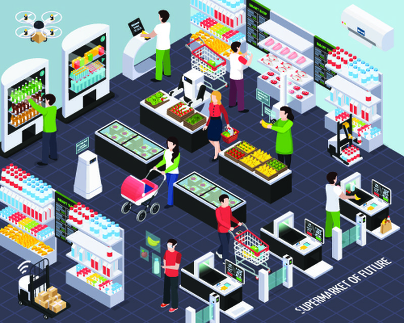 利用智能货架技术和购物篮扫描购物物品矢量图的未来等距组合超市