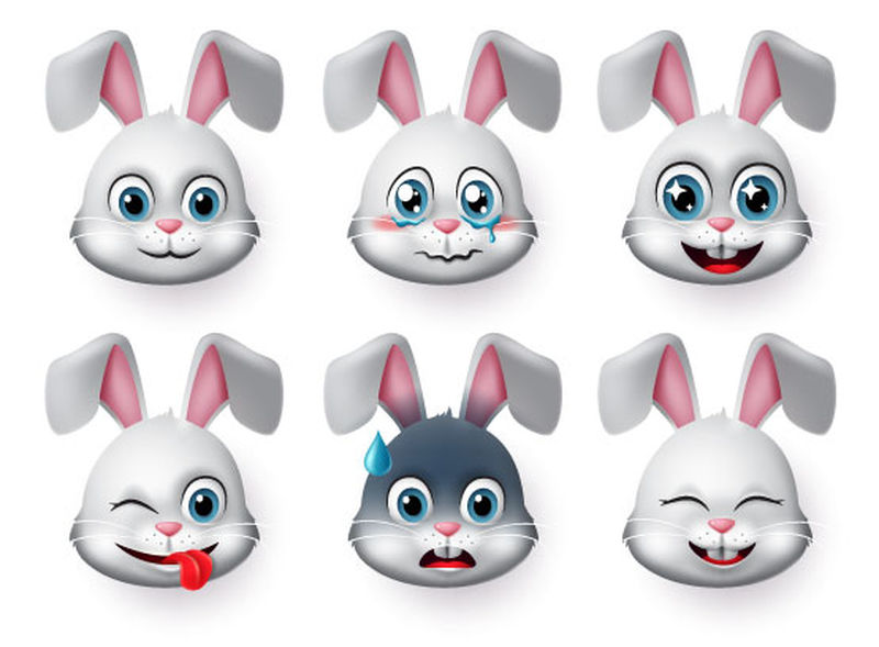 表情兔子脸向量集-兔子或兔子的表情和情感动物脸-以愤怒、哭泣、害怕和可爱的脸为字符标志和符号-隔离在白色背景中