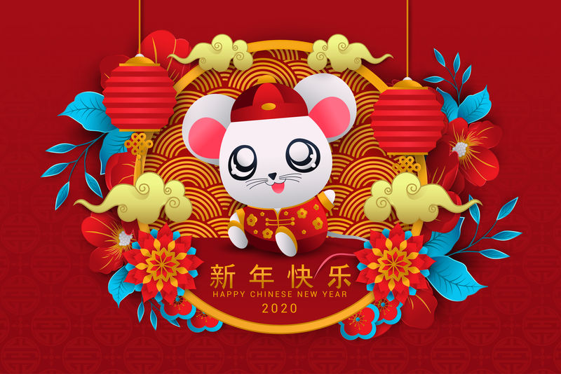 以可爱的动物和红色的中国装饰图案为载体的中国新年背景