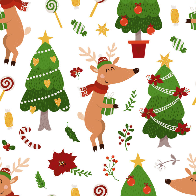 鹿和圣诞树的圣诞无缝图案