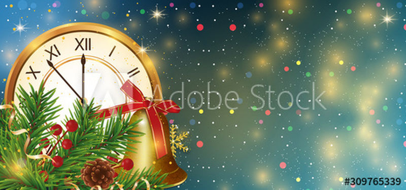 圣诞灯或新年灯的背景是金色的时钟-带丝带和冬青浆果的铃铛-圣诞树和圆锥体的树枝-Xmas模板-矢量图解