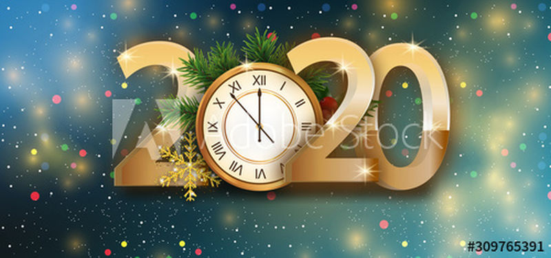 2020年新年贺卡或横幅-背景是焰火、火花和星星-圣诞球和圣诞树-新年和假日圣诞节的概念-矢量图示
