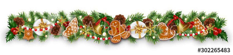 圣诞边界装饰花环与冷杉枝-姜饼饼干-金钟-冬青浆果和锥-白色背景的圣诞节或新年设计元素-矢量图解