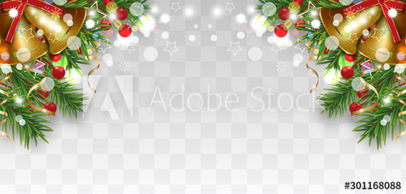 圣诞和新年快乐装饰用圣诞树枝、金钟和冬青浆果、金丝带-透明背景上的明亮边框-矢量图解