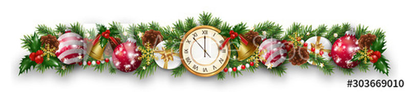 圣诞和新年边界花环装饰与杉木枝-时钟-饰品-球-金钟-冬青浆果和礼品盒-在白色背景上隔离的Xmas卡的设计元素-矢量