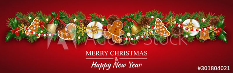 圣诞花环装饰与姜饼饼干-冷杉枝-金钟-冬青浆果和锥-红色背景的圣诞节或新年设计元素-矢量图解