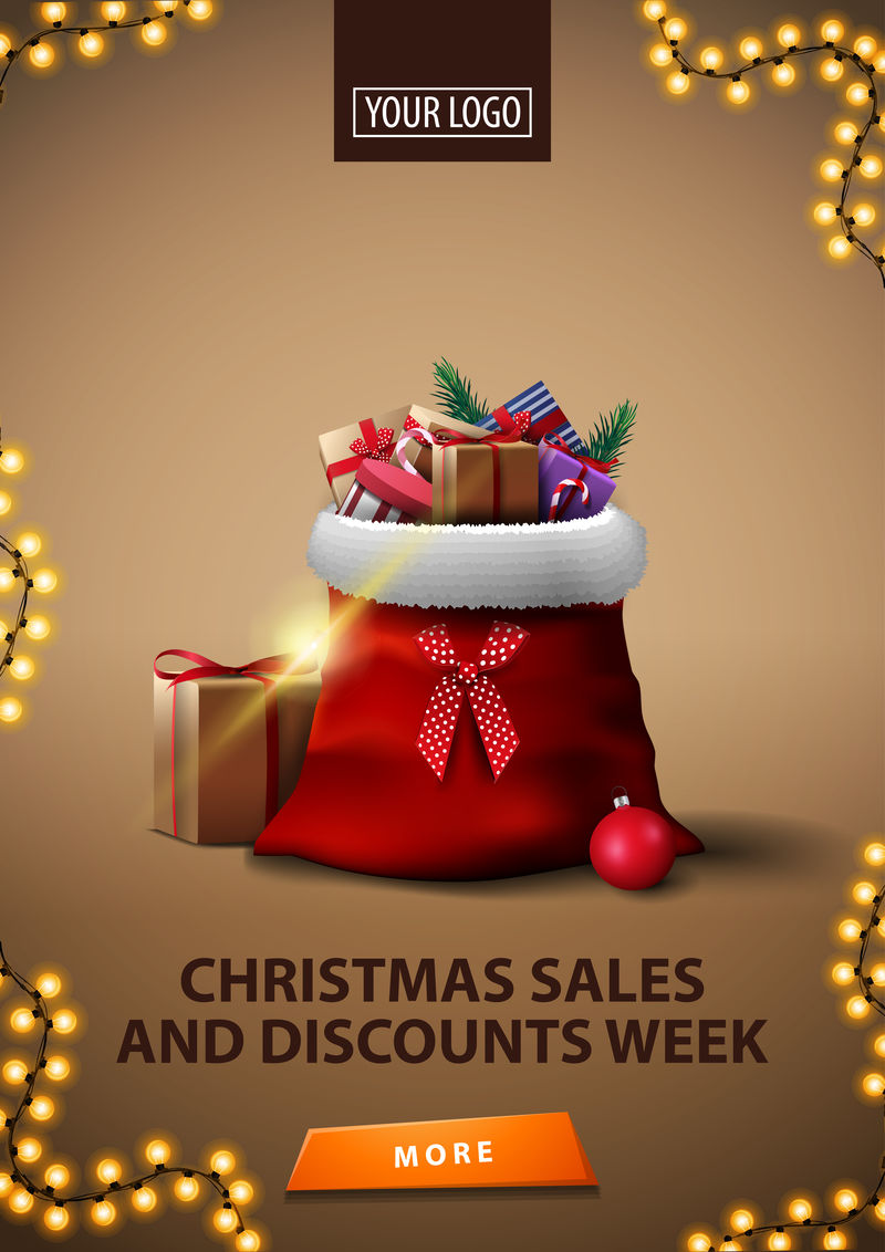 圣诞节销售和折扣周，垂直棕色折扣横幅，花环框架，纽扣和圣诞老人礼品袋