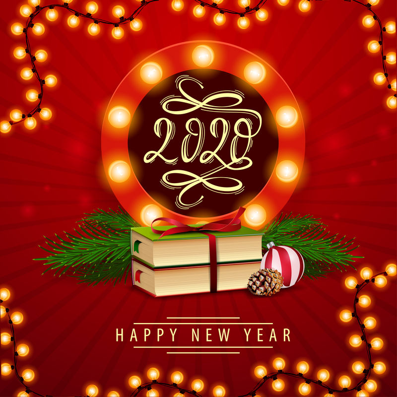 2020新年快乐，红场明信片，圆形徽章，花环和圣诞书籍