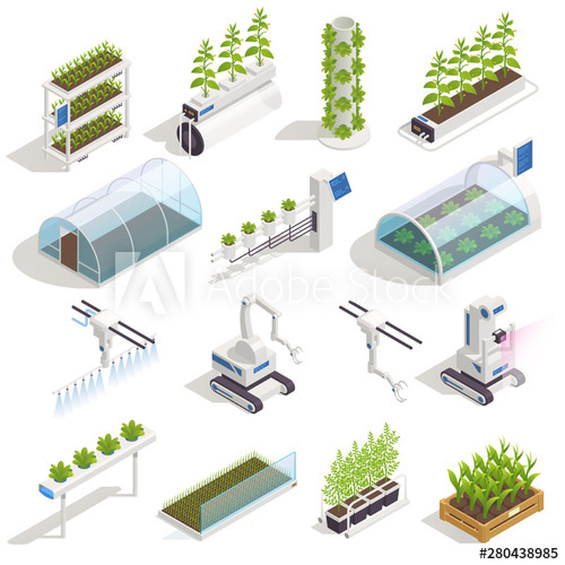 现代温室等距元素-带自动水培和航空智能花园床机器人辅助矢量图解