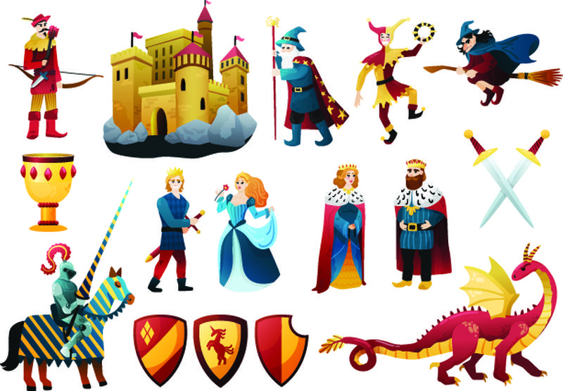 中世纪故事人物平面彩色设置城堡堡垒国王皇后龙小丑骑士武器矢量插图