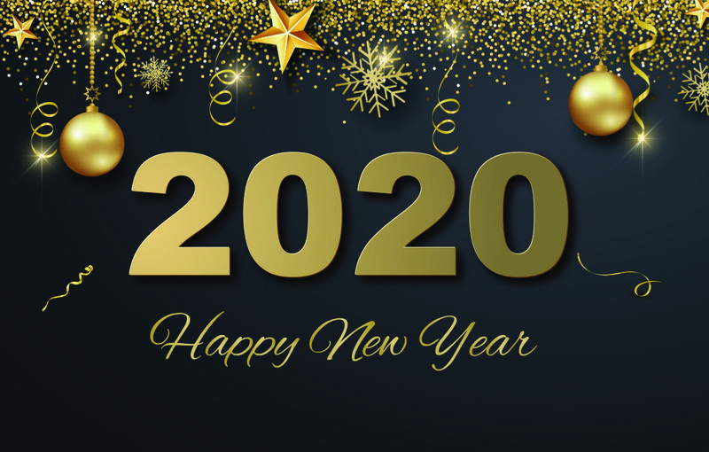 2020年新年背景：节日贺卡、请柬、聚会传单、海报、横幅-金色和黑色的球-雪花-黑色背景的五彩纸屑