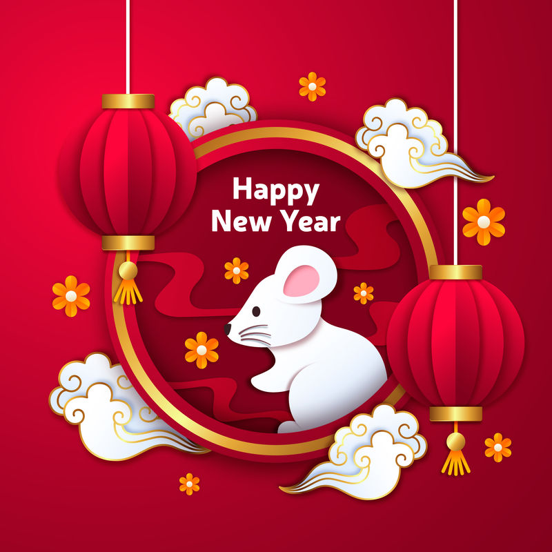 2020年春节快乐卡通可爱老鼠梅花和灯笼春联螺旋云-中文翻译：鼠年