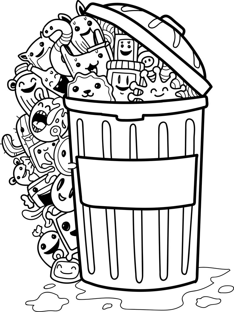 一组可爱的涂鸦怪物和垃圾桶矢量
