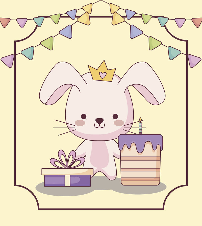 可爱的兔子生日快乐蛋糕和图标矢量卡