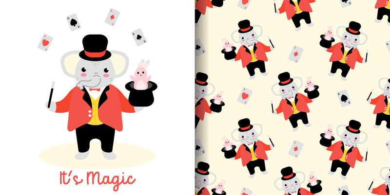 魔术师大象无缝图案带插图卡通婴儿淋浴卡矢量