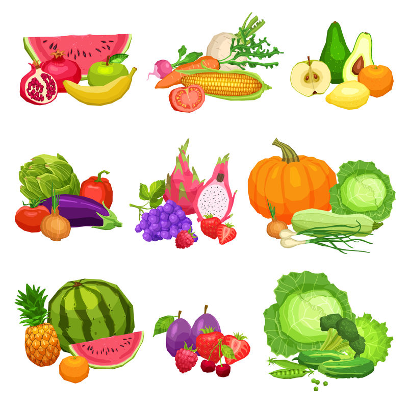 收集平面新鲜蔬菜和水果-静物画蔬菜和水果-健康生活方式和素食概念