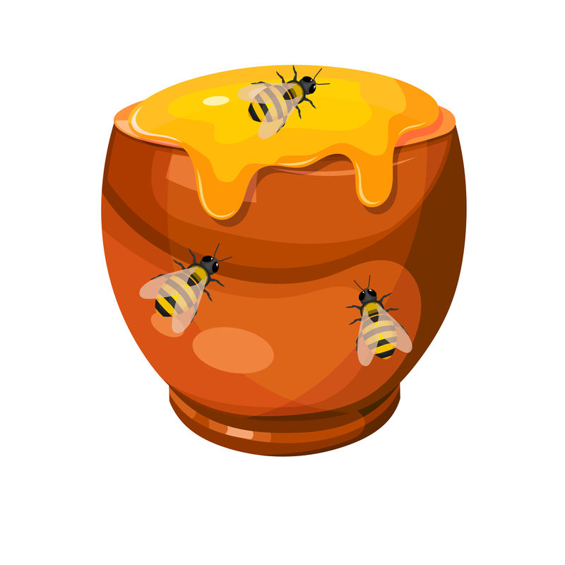 一个有蜂蜜和蜜蜂的陶罐的卡通画。矢量插图