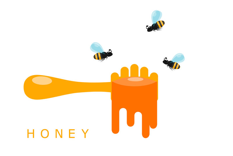 在白色背景上盛蜂蜜和蜜蜂的勺子。矢量插图