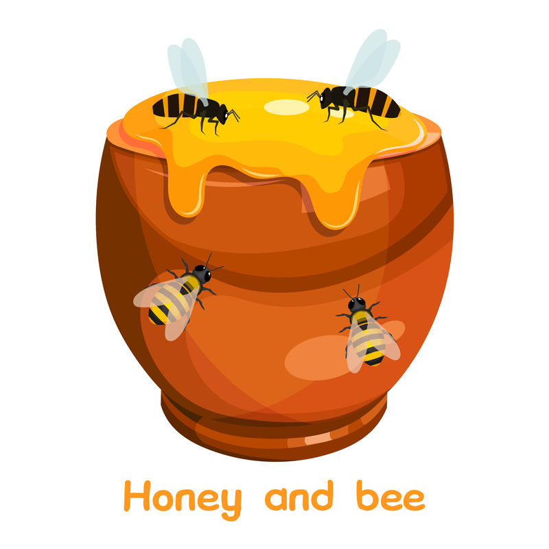 一个有蜂蜜和蜜蜂的陶罐的卡通形象。向量illustra