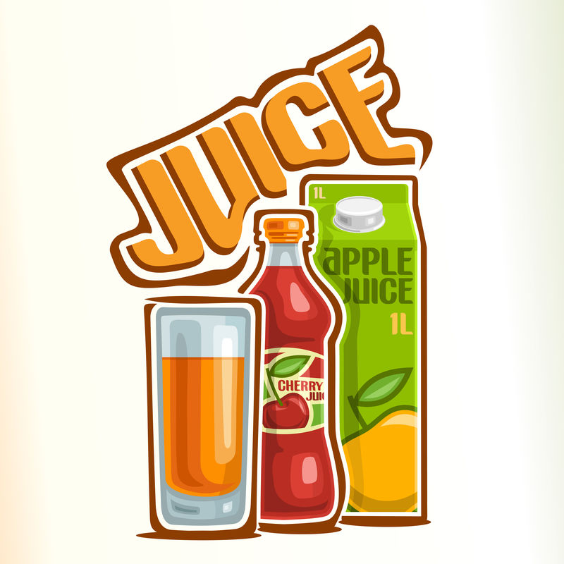 果汁成分标识矢量图-刻有文字-包括盛有果汁的玻璃杯、盛有浆果汁的密封塑料瓶和盛有苹果汁的纸箱