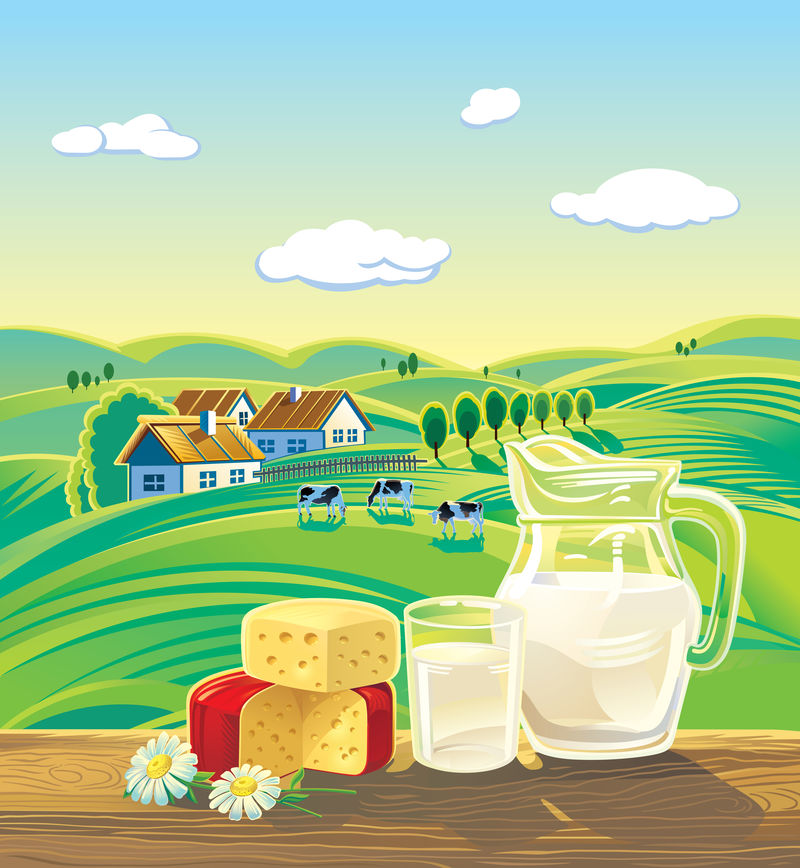 集牛奶、乳制品为背景的乡村景观-矢量图解