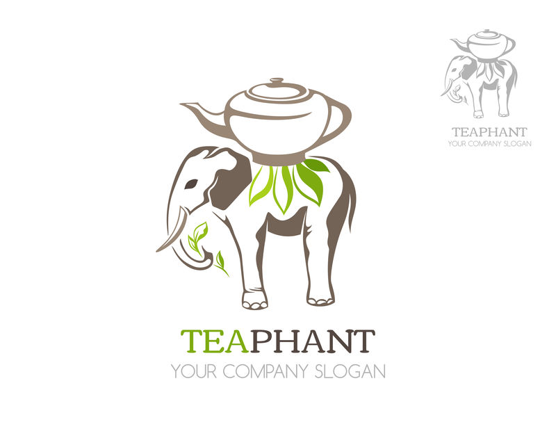 有茶壶标志的大象-茶叶矢量标志模板-动物偶像