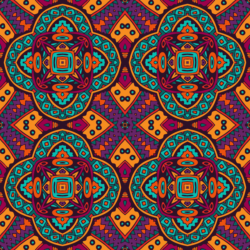 民族装饰织物无缝图案-抽象几何彩色马赛克
