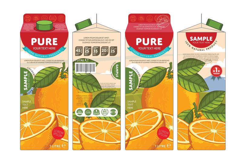 橙汁模板包装设计矢量图-白色背景下的橙汁包装布局