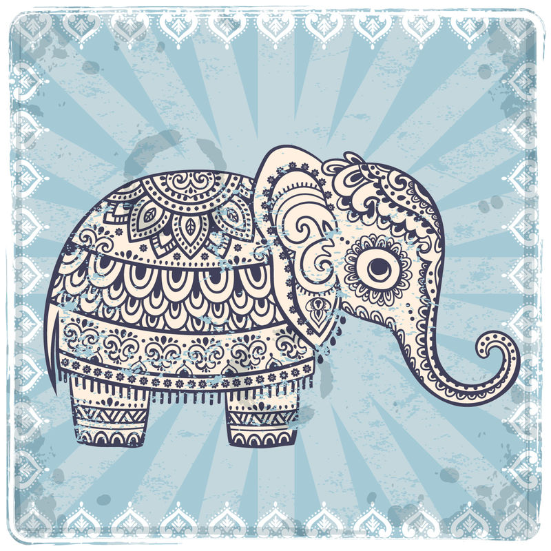复古图形载体印度荷花民族大象-非洲部落装饰-可用于彩色书籍、纺织品、印刷品、手机套、贺卡
