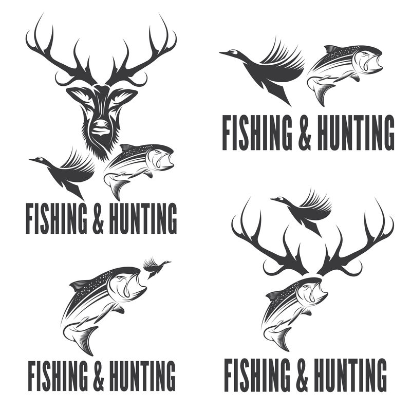 一套复古狩猎和捕鱼标签和设计元素