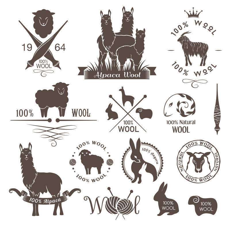 羊毛标签、标志和设计元素。羊标志套装，阿尔卑斯山羊驼