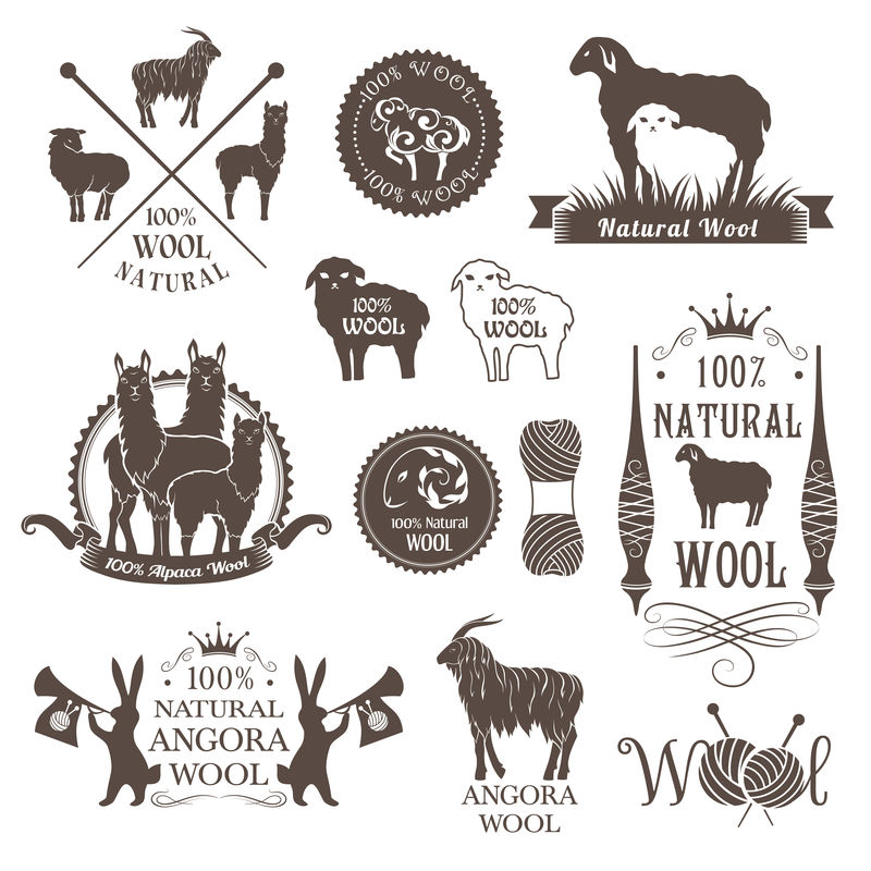羊毛标签和设计元素。羊、羊驼、兔兔标志套装