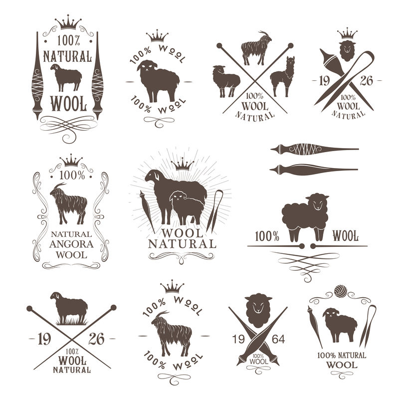 羊毛标签和标志收藏。羊、羊驼、兔子和围棋