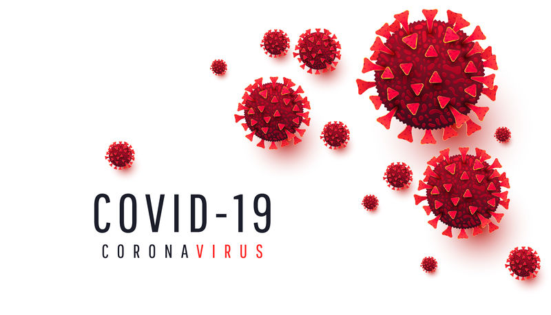 冠状病毒，covid 19概念。水平设计模板病毒背景与细胞疾病分离白背景。