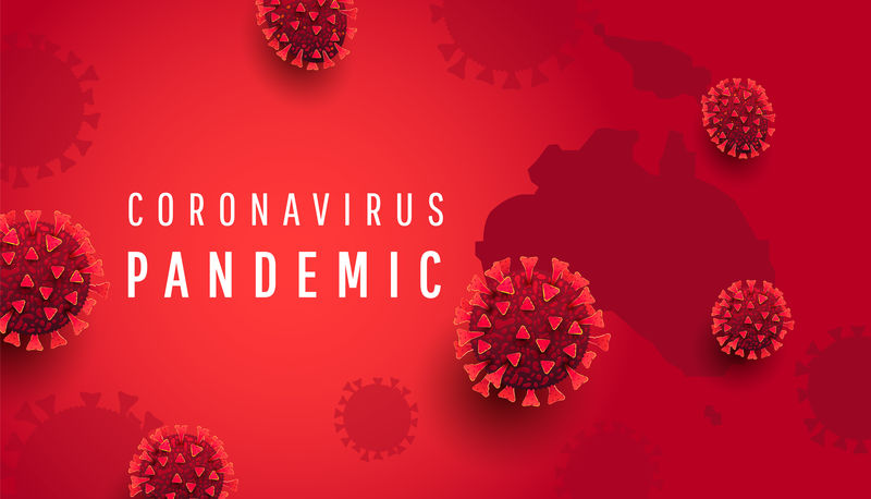 Covid-19冠状病毒大流行横幅，带3d病毒感染细胞和红色背景的澳大利亚环球地图