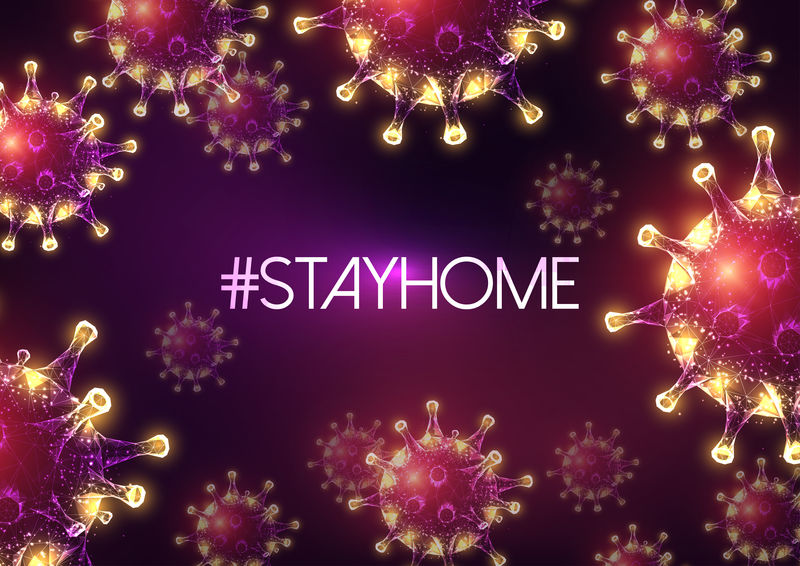 呆在家里的灵感被深紫色背景上的冠状病毒分子所包围。